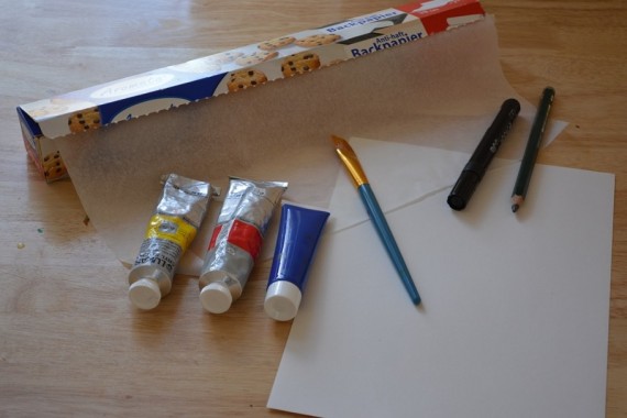 Material für Pop Art Druck: Pinsel, Farben, Papier, Bleistift und Filzstift, Backpapier