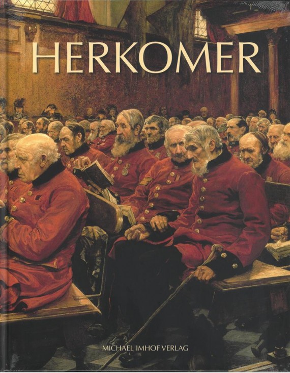 Cover des Buchs &quot;Herkomer&quot; mit Gemäldeausschnitt, alte Herren in roter Uniform in einer Kapelle