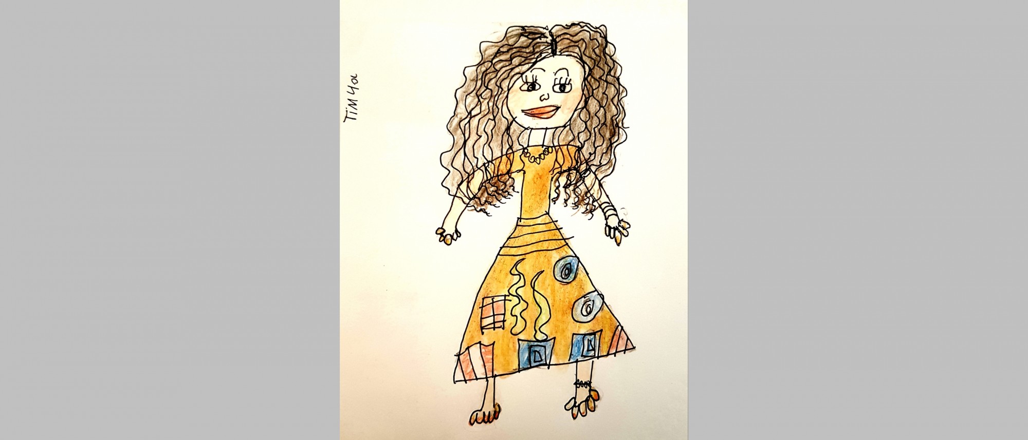 Kinderzeichnung mit Frau in gold-buntem Kleid